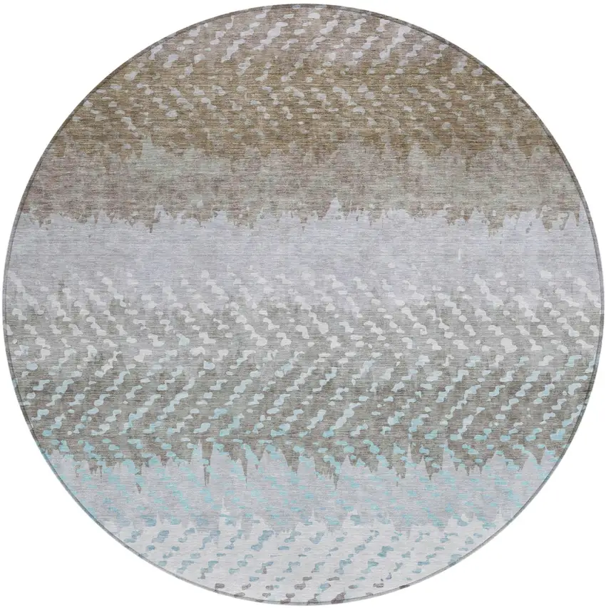 8' Ivory And Taupe Round Striped Washable Indoor Outdoor Area Rug Photo 2