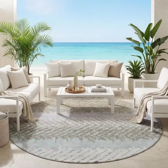 8' Ivory And Taupe Round Striped Washable Indoor Outdoor Area Rug Photo 1