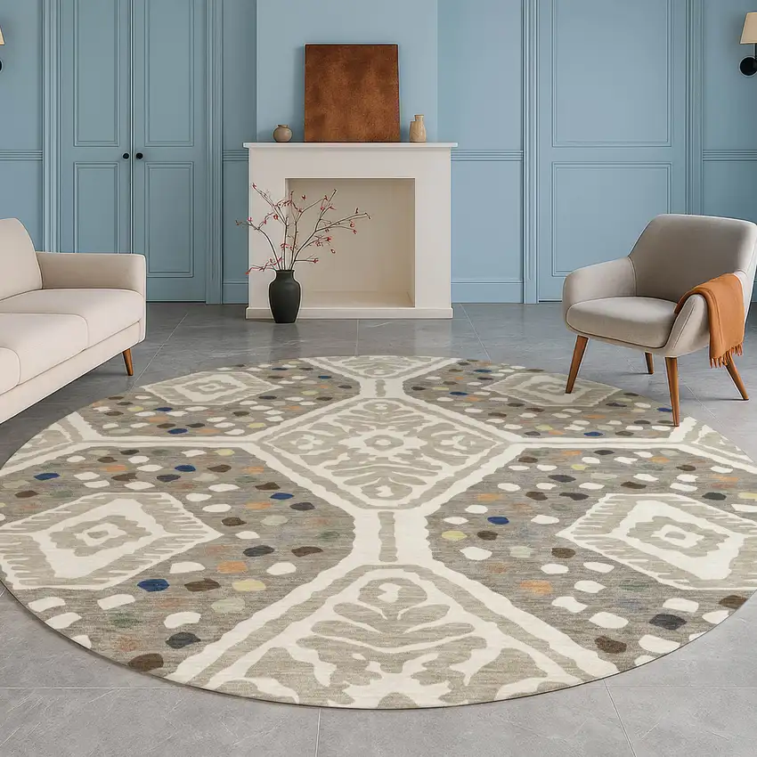 8' Ivory And Taupe Round Tribal Washable Indoor Outdoor Area Rug Photo 4