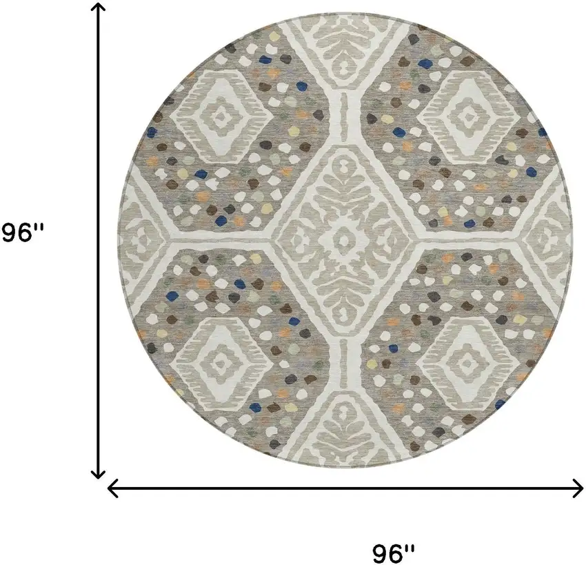 8' Ivory And Taupe Round Tribal Washable Indoor Outdoor Area Rug Photo 6