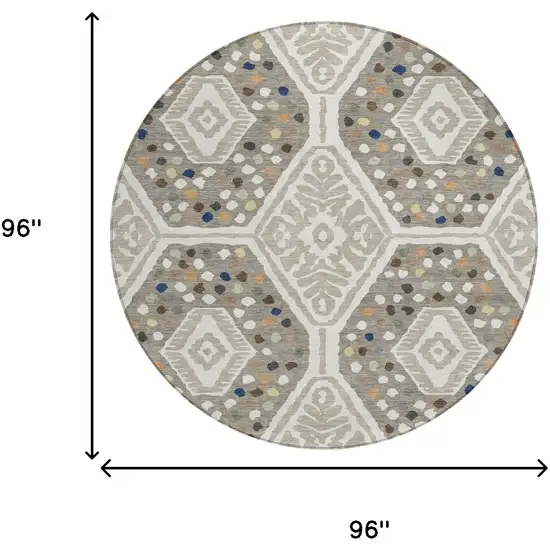 8' Ivory And Taupe Round Tribal Washable Indoor Outdoor Area Rug Photo 6
