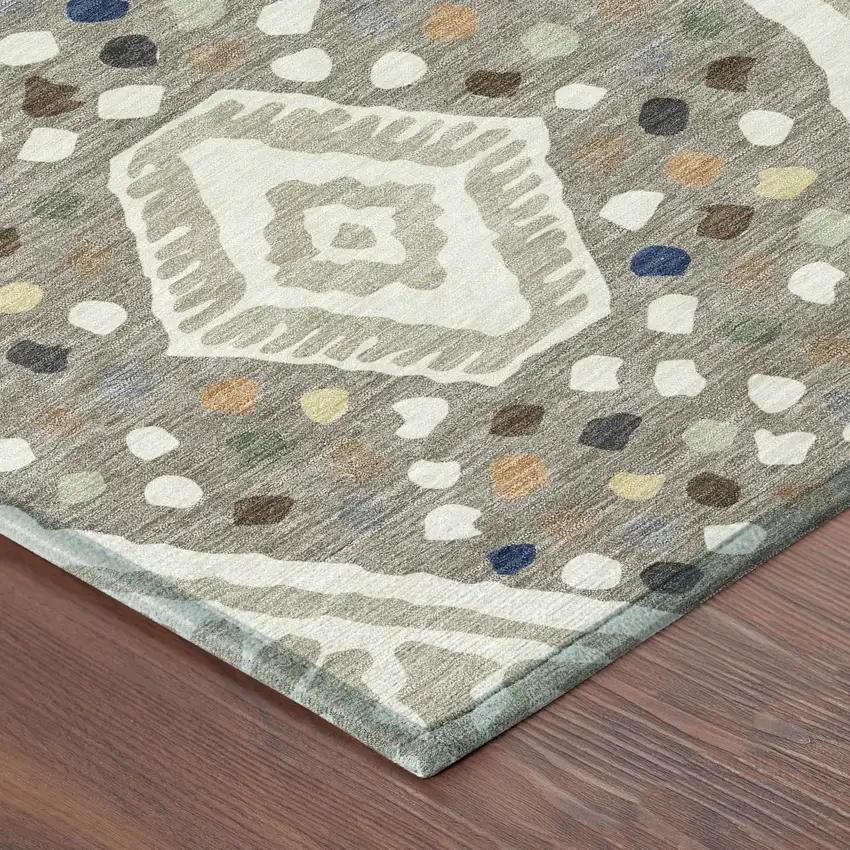 8' Ivory And Taupe Round Tribal Washable Indoor Outdoor Area Rug Photo 2