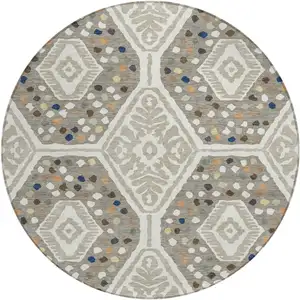 Photo of 8' Ivory And Taupe Round Tribal Washable Indoor Outdoor Area Rug