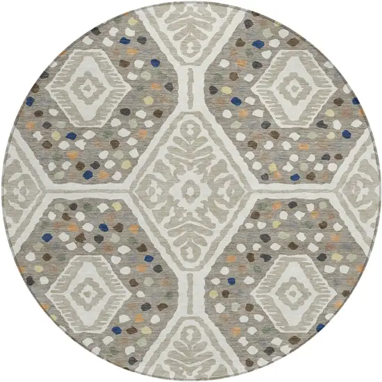 8' Ivory And Taupe Round Tribal Washable Indoor Outdoor Area Rug Photo 1