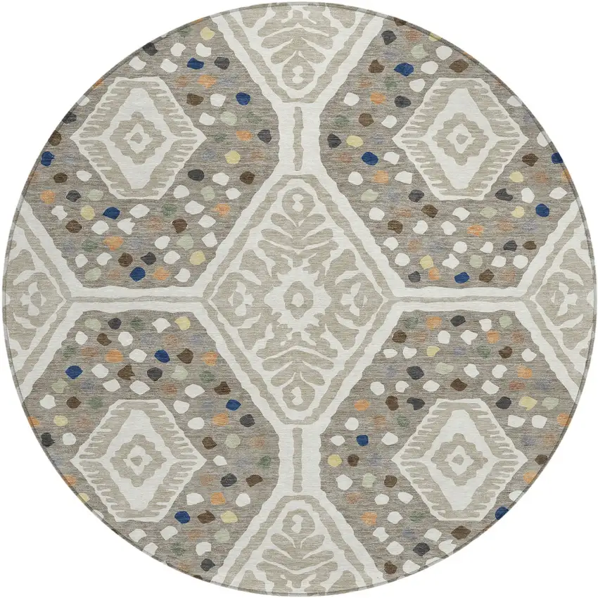 8' Ivory And Taupe Round Tribal Washable Indoor Outdoor Area Rug Photo 1