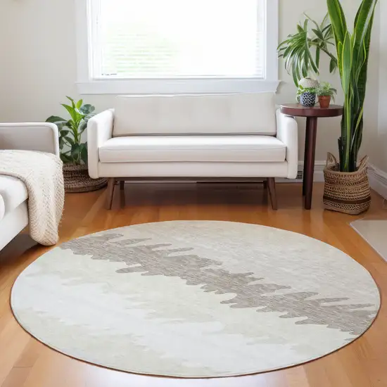 8' Ivory And Taupe Striped Washable Round Rug With UV Protection Photo 5