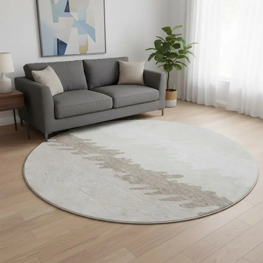 8' Ivory And Taupe Striped Washable Round Rug With UV Protection Photo 2