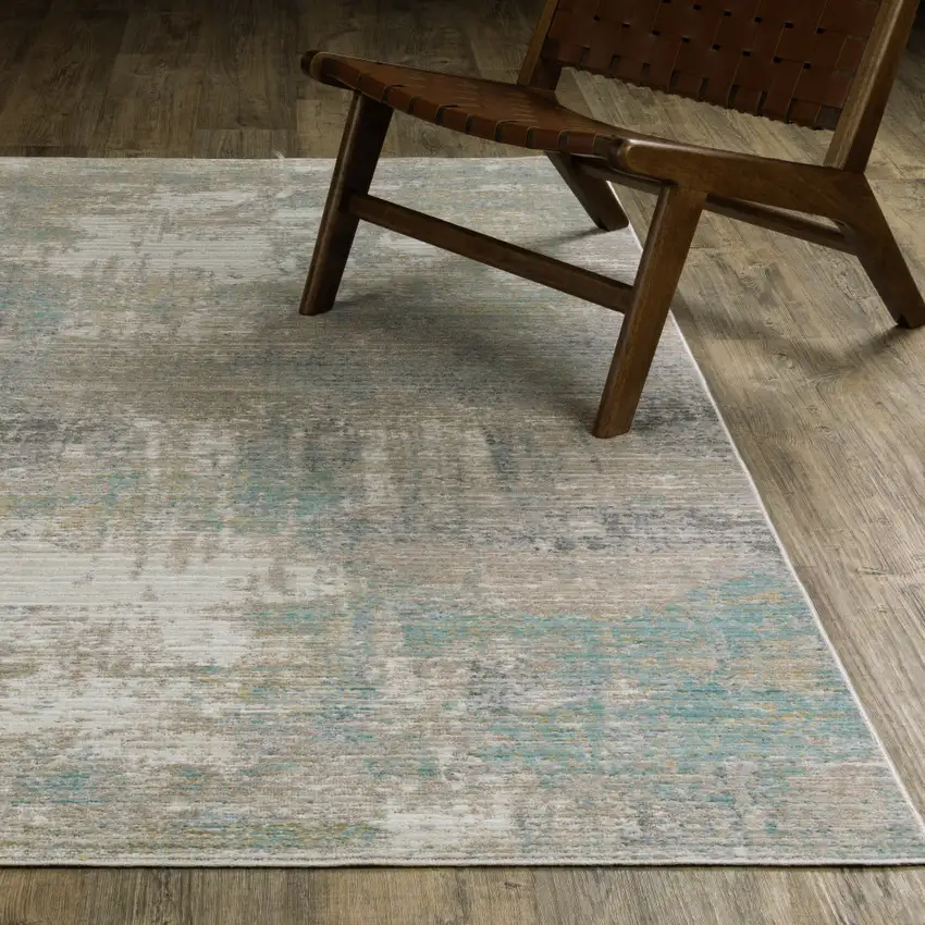 8' Ivory And Teal Abstract Runner Rug Photo 5