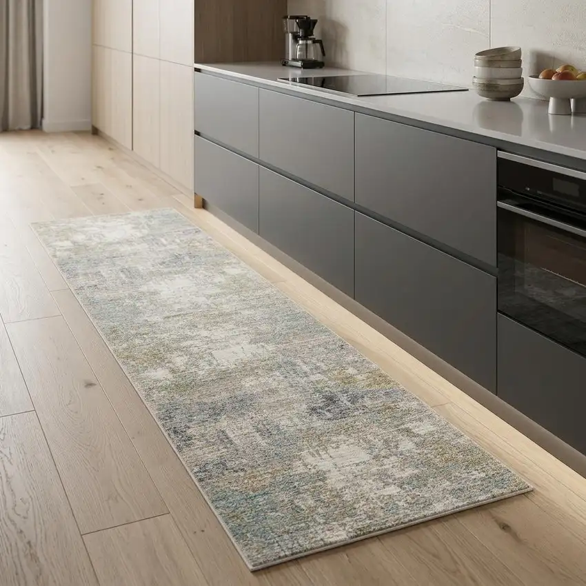 8' Ivory And Teal Abstract Runner Rug Photo 1