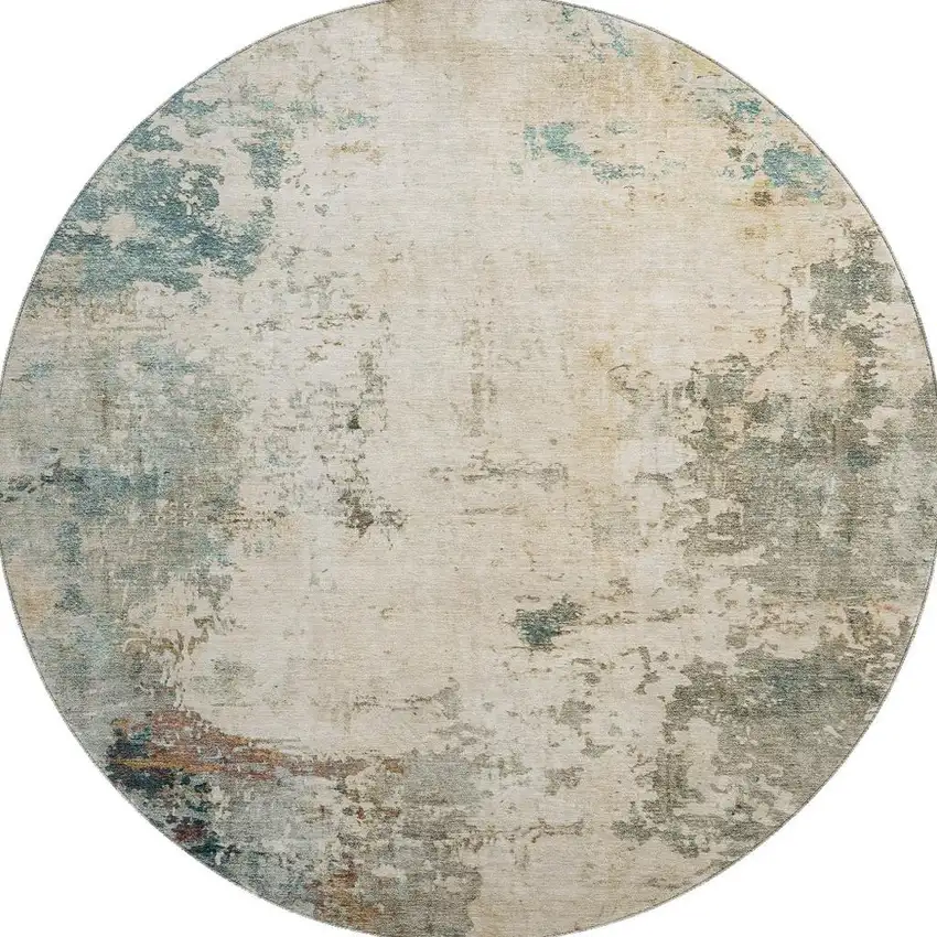 8' Ivory And Teal Abstract Washable Round Rug With UV Protection Photo 3
