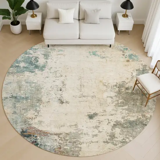 8' Ivory And Teal Abstract Washable Round Rug With UV Protection Photo 5