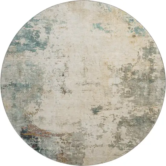 8' Ivory And Teal Abstract Washable Round Rug With UV Protection Photo 2