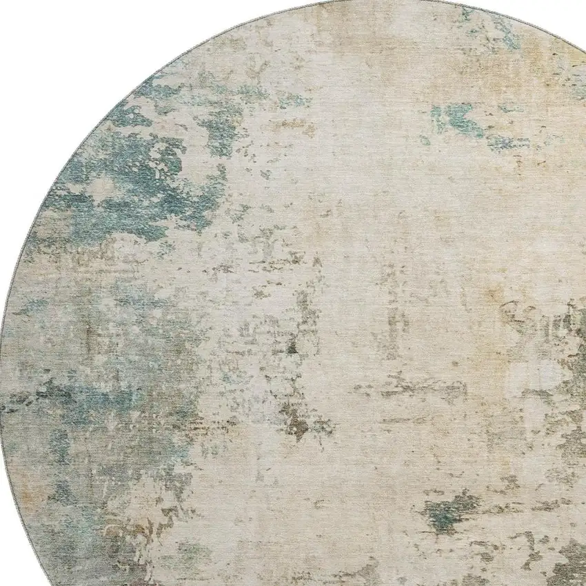 8' Ivory And Teal Abstract Washable Round Rug With UV Protection Photo 4