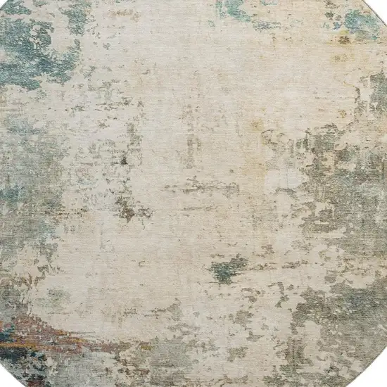8' Ivory And Teal Abstract Washable Round Rug With UV Protection Photo 6