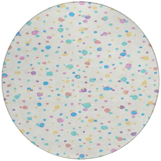 8' Ivory And Teal Blue Round Geometric Washable Indoor Outdoor Area Rug Photo 4