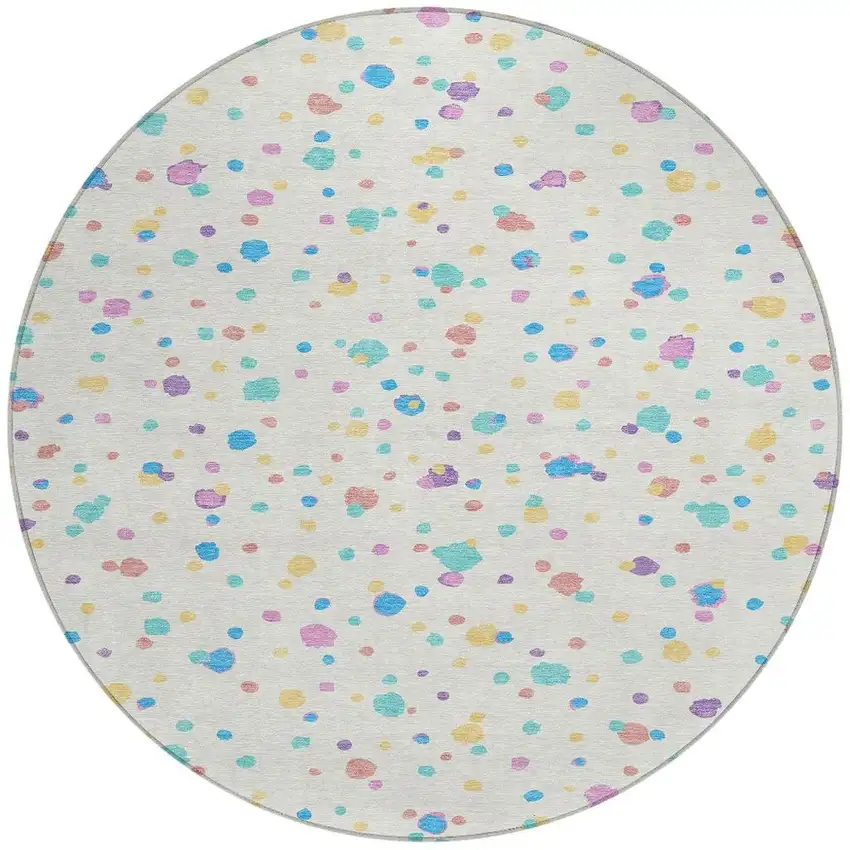 8' Ivory And Teal Blue Round Geometric Washable Indoor Outdoor Area Rug Photo 4