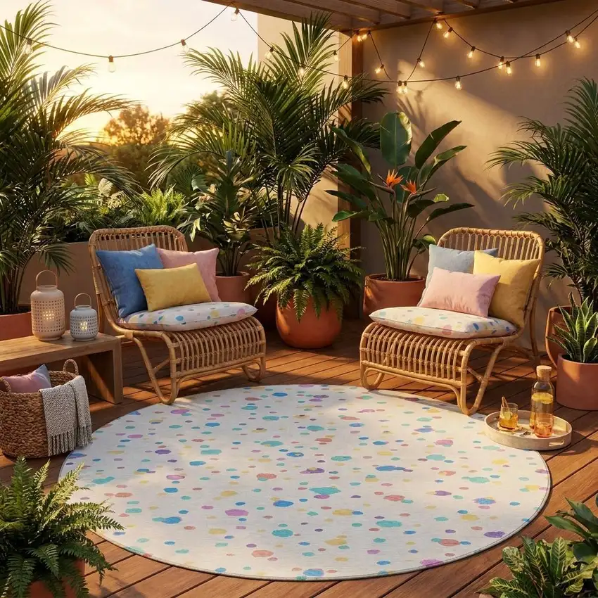 8' Ivory And Teal Blue Round Geometric Washable Indoor Outdoor Area Rug Photo 1