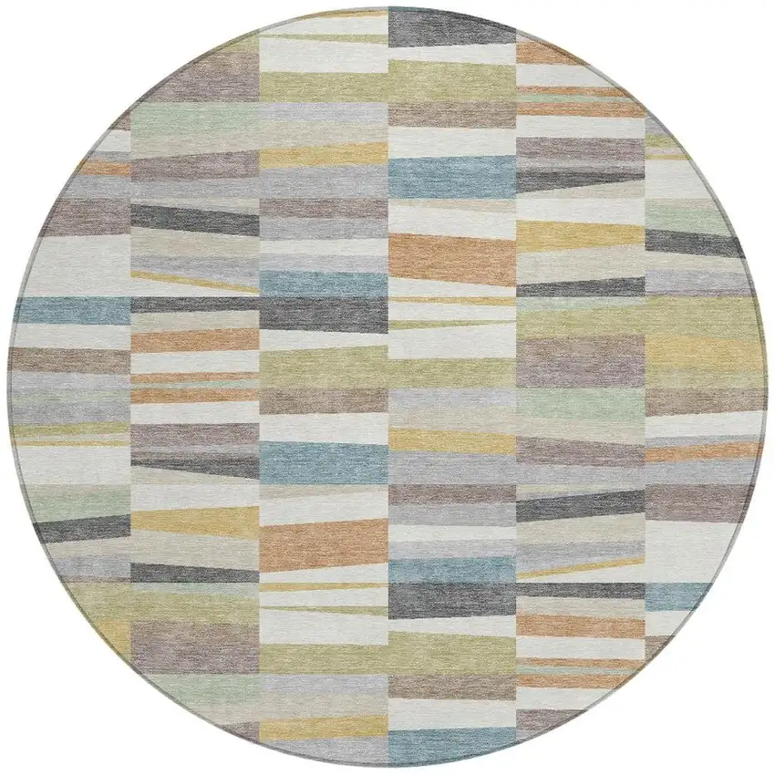 8' Ivory And Teal Blue Round Striped Washable Indoor Outdoor Area Rug Photo 2