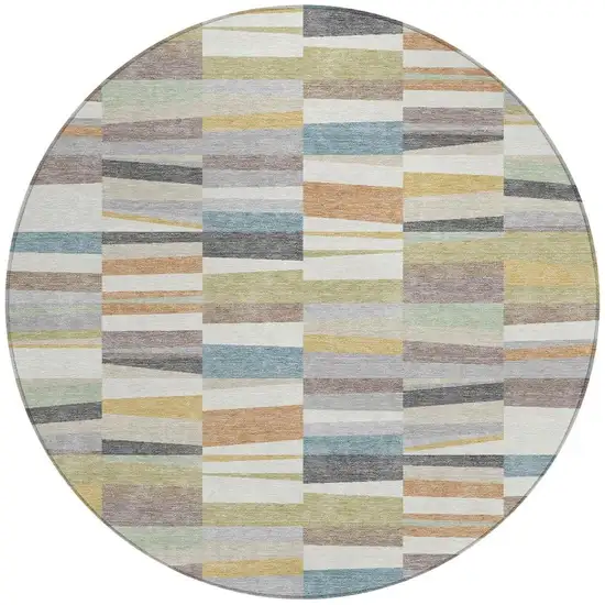 8' Ivory And Teal Blue Round Striped Washable Indoor Outdoor Area Rug Photo 2
