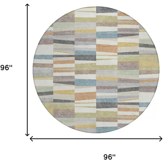 8' Ivory And Teal Blue Round Striped Washable Indoor Outdoor Area Rug Photo 6
