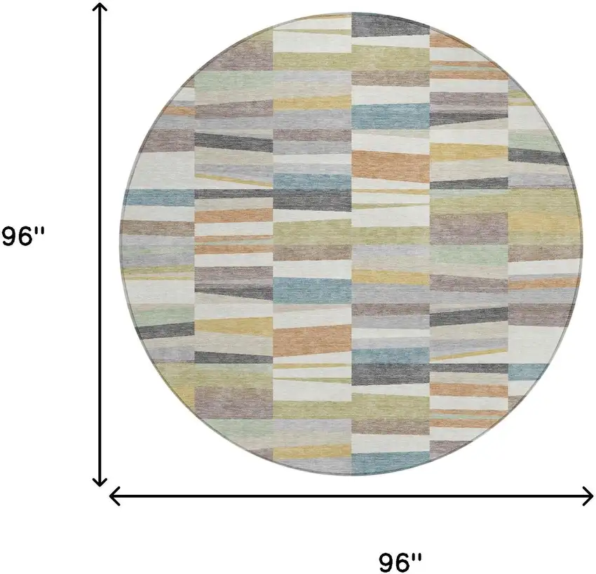8' Ivory And Teal Blue Round Striped Washable Indoor Outdoor Area Rug Photo 6