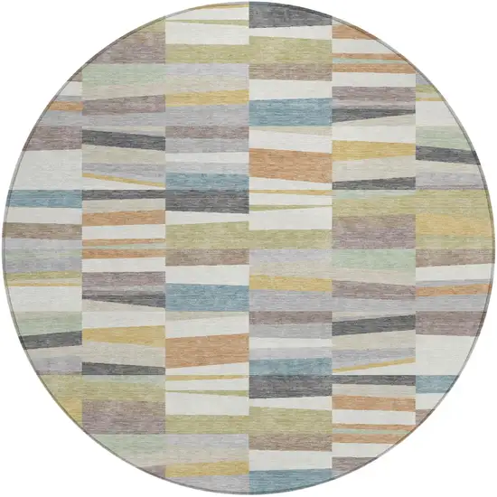 8' Ivory And Teal Blue Round Striped Washable Indoor Outdoor Area Rug Photo 1