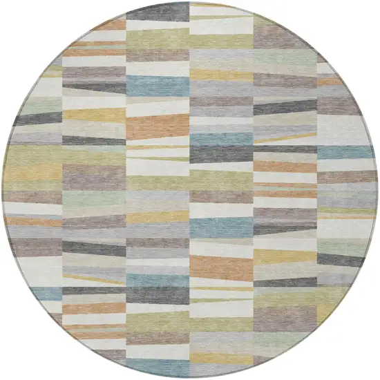 8' Ivory And Teal Blue Round Striped Washable Indoor Outdoor Area Rug Photo 3