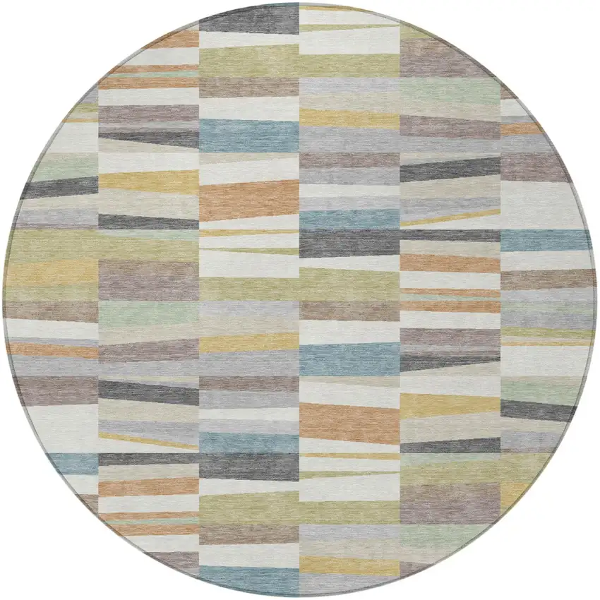 8' Ivory And Teal Blue Round Striped Washable Indoor Outdoor Area Rug Photo 3