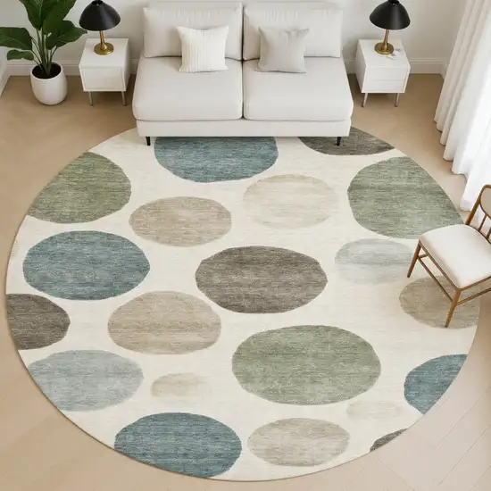8' Ivory And Teal Geometric Washable Round Rug With UV Protection Photo 5