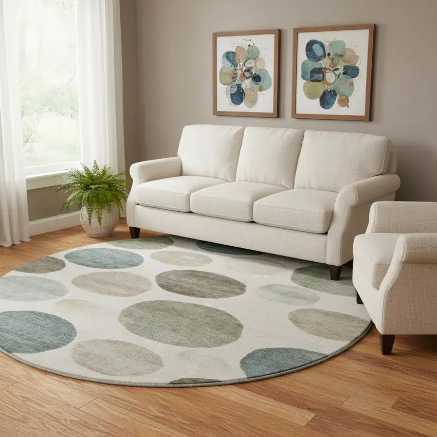 8' Ivory And Teal Geometric Washable Round Rug With UV Protection Photo 2