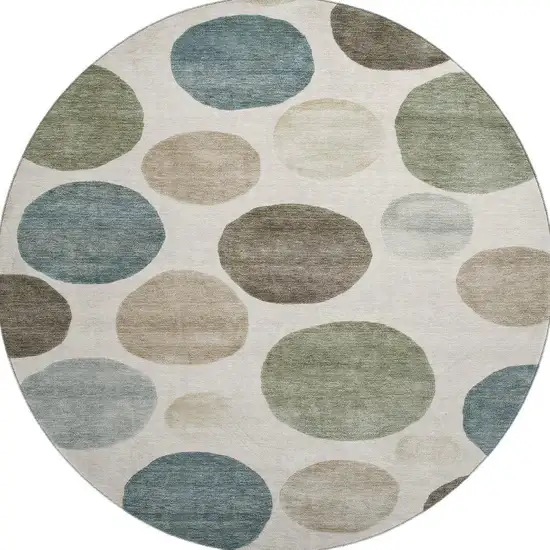 8' Ivory And Teal Geometric Washable Round Rug With UV Protection Photo 3