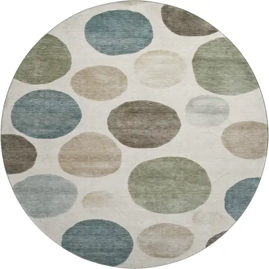 8' Ivory And Teal Geometric Washable Round Rug With UV Protection Photo 1