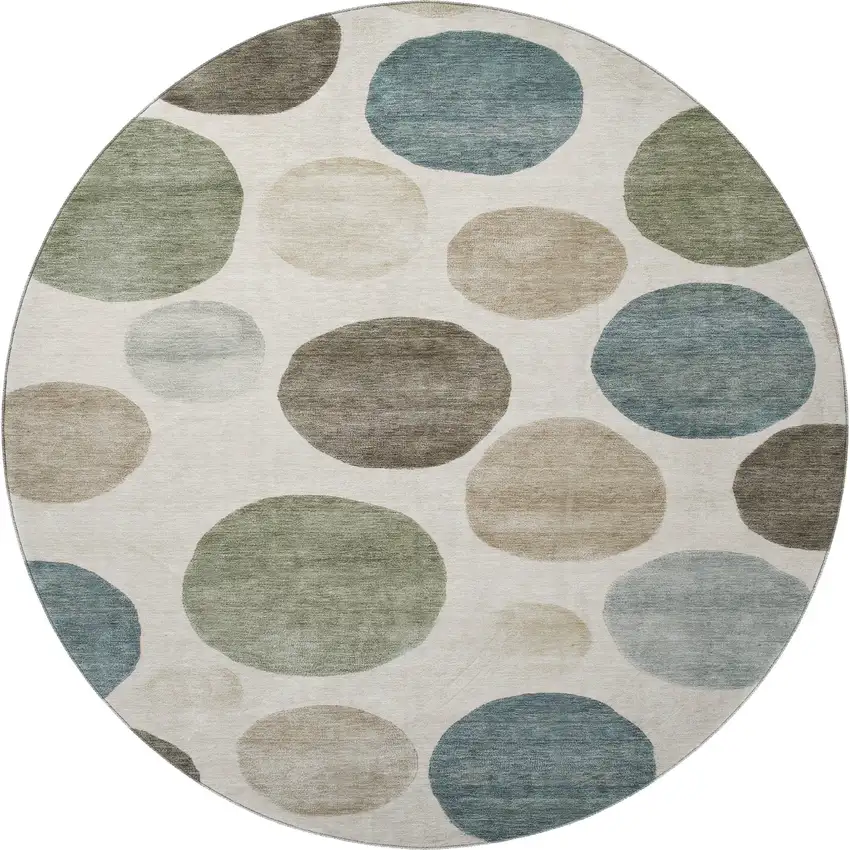 8' Ivory And Teal Geometric Washable Round Rug With UV Protection Photo 4