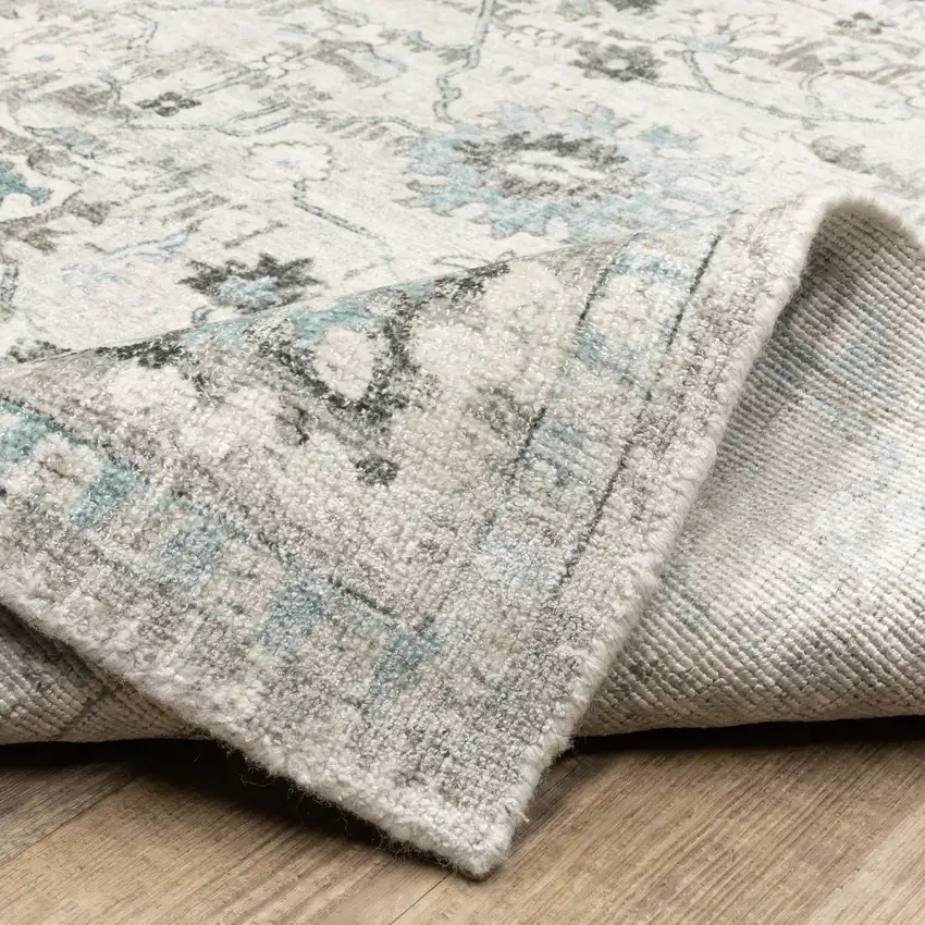 10' Ivory And Teal Oriental Hand Tufted Runner Rug Photo 9