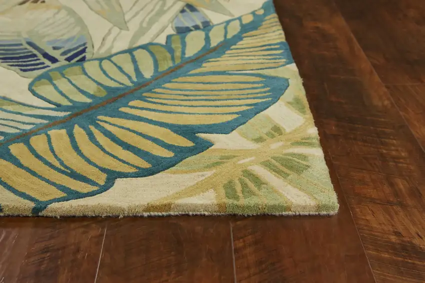 5' Ivory And Teal Wool Handmade Area Rug Photo 4