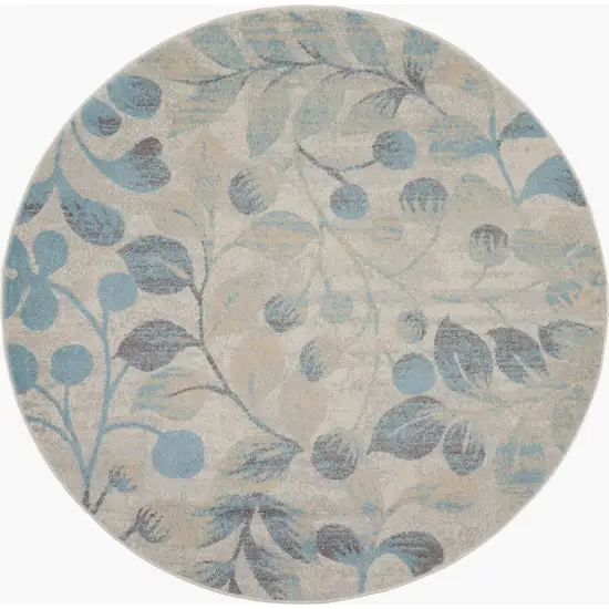 5' Ivory And Turquoise Botanical Leaves Round Rug Photo 2