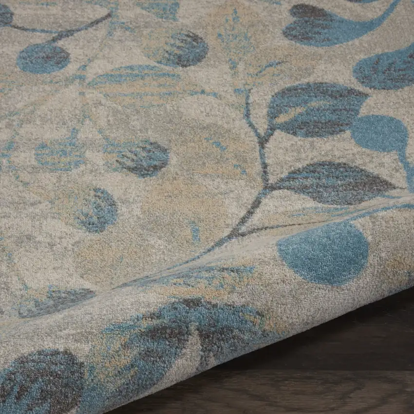 5' Ivory And Turquoise Botanical Leaves Round Rug Photo 9