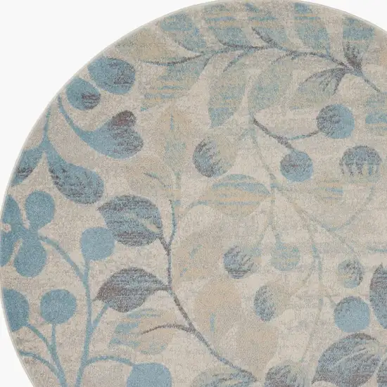 5' Ivory And Turquoise Botanical Leaves Round Rug Photo 4