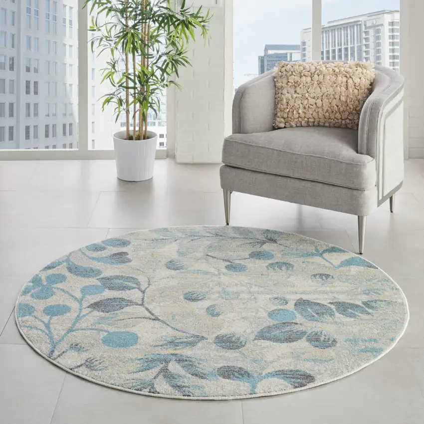 5' Ivory And Turquoise Botanical Leaves Round Rug Photo 5