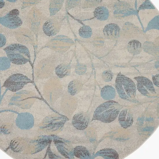 5' Ivory And Turquoise Botanical Leaves Round Rug Photo 8