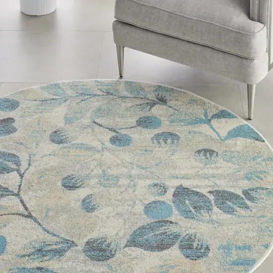 5' Ivory And Turquoise Botanical Leaves Round Rug Photo 6
