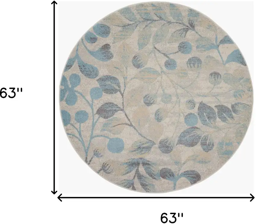 5' Ivory And Turquoise Botanical Leaves Round Rug Photo 3