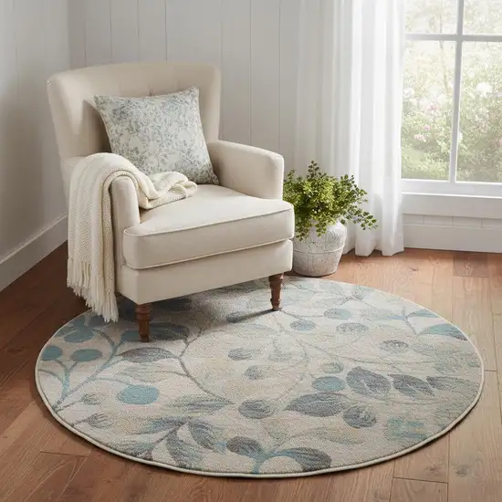 5' Ivory And Turquoise Botanical Leaves Round Rug Photo 1