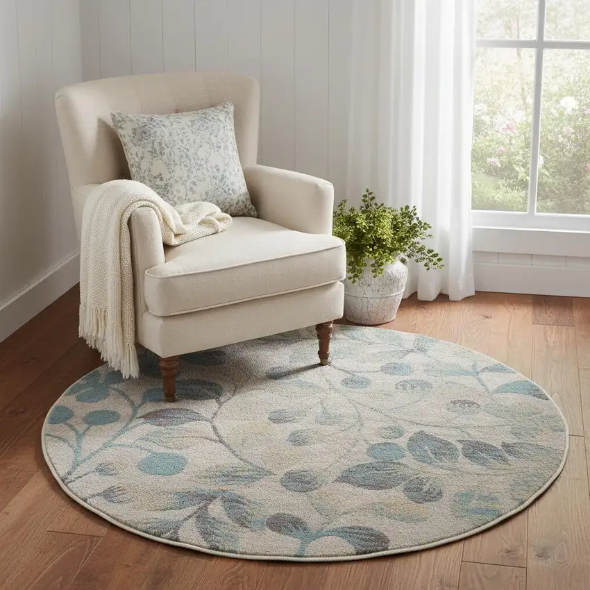 5' Ivory And Turquoise Botanical Leaves Round Rug Photo 1