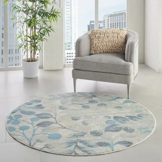 5' Ivory And Turquoise Botanical Leaves Round Rug Photo 7