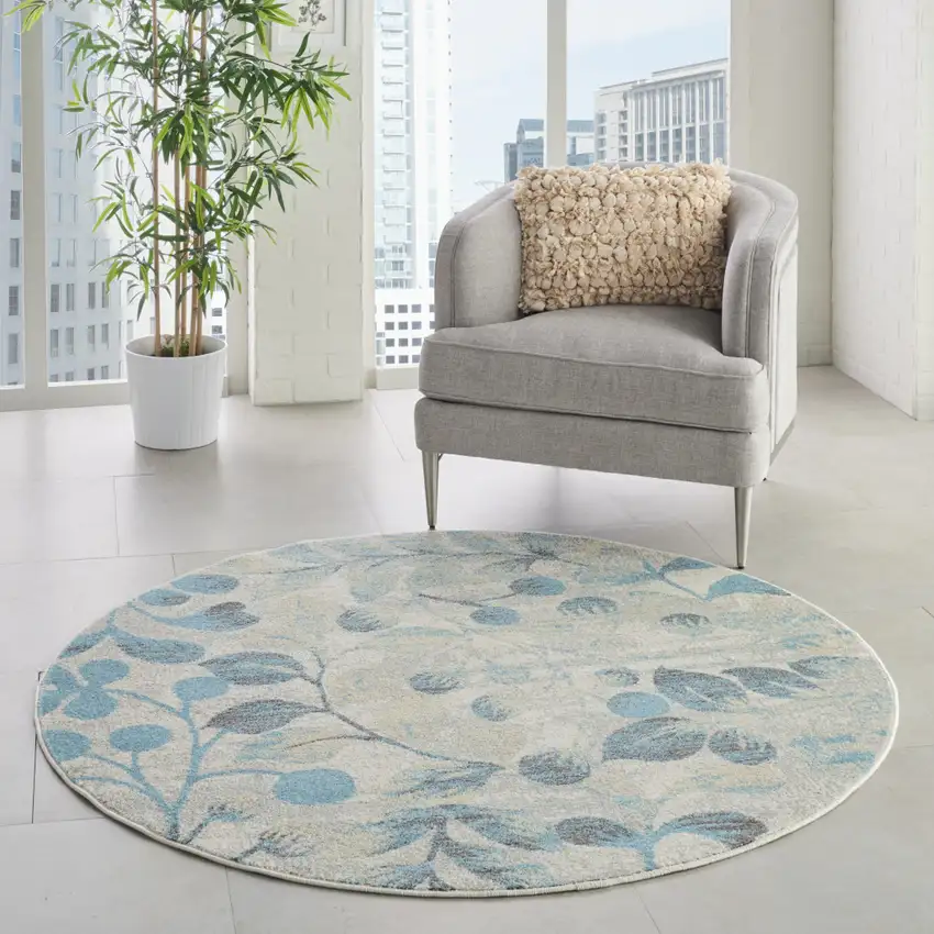 5' Ivory And Turquoise Botanical Leaves Round Rug Photo 7