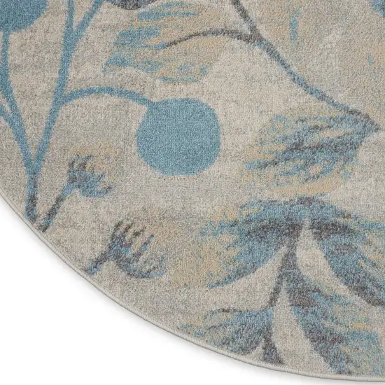 5' Ivory And Turquoise Botanical Leaves Round Rug Photo 9