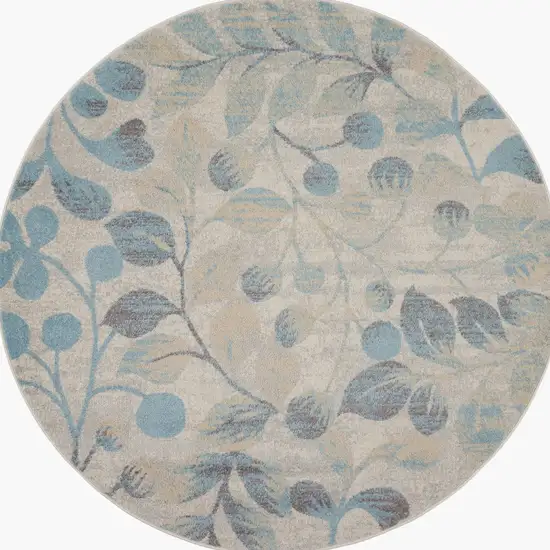 5' Ivory And Turquoise Botanical Leaves Round Rug Photo 3