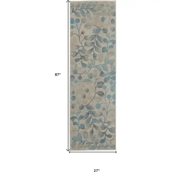 7' Ivory And Turquoise Botanical Leaves Runner Rug Photo 3