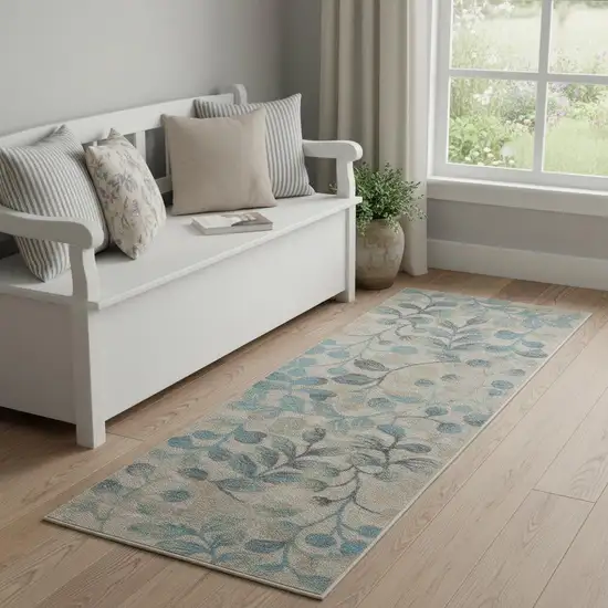 7' Ivory And Turquoise Botanical Leaves Runner Rug Photo 1